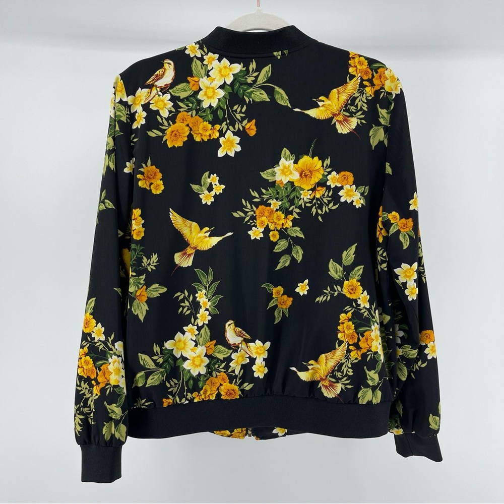 Susan Graver Bird Floral Print Bomber Jacket in Black/Yellow, Women's Small - Picture 6 of 8